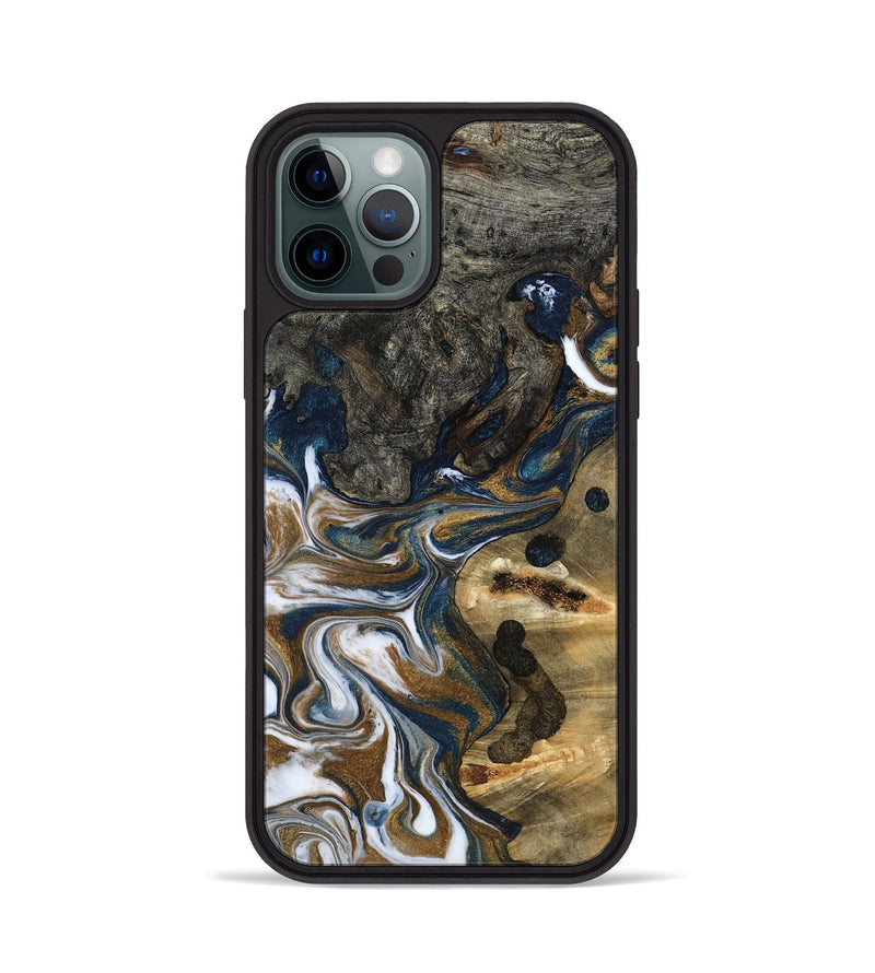 iPhone 12 Pro Wood Phone Case - August (Teal & Gold, 800424)