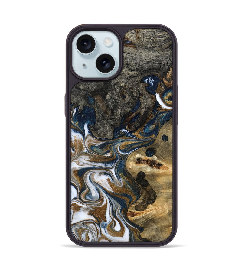 iPhone 15 Wood Phone Case - August (Teal & Gold, 800424)