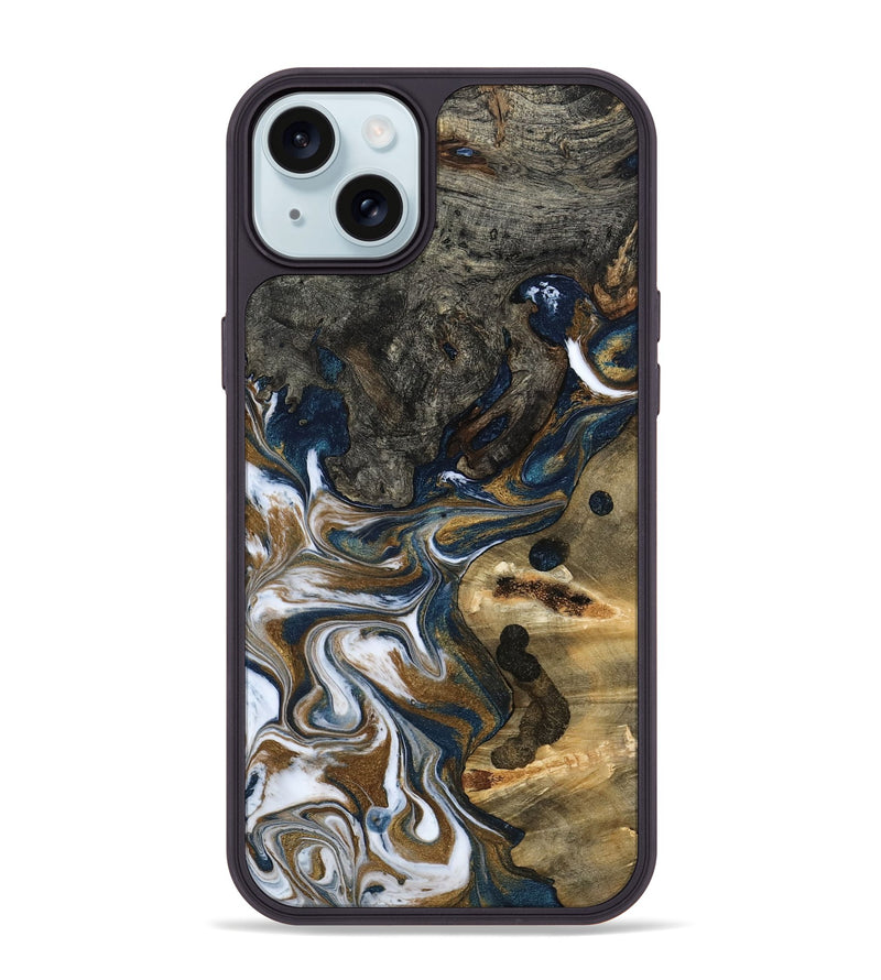 iPhone 15 Plus Wood Phone Case - August (Teal & Gold, 800424)