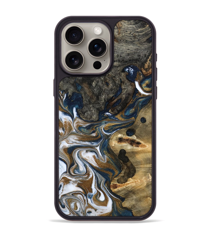 iPhone 15 Pro Max Wood Phone Case - August (Teal & Gold, 800424)