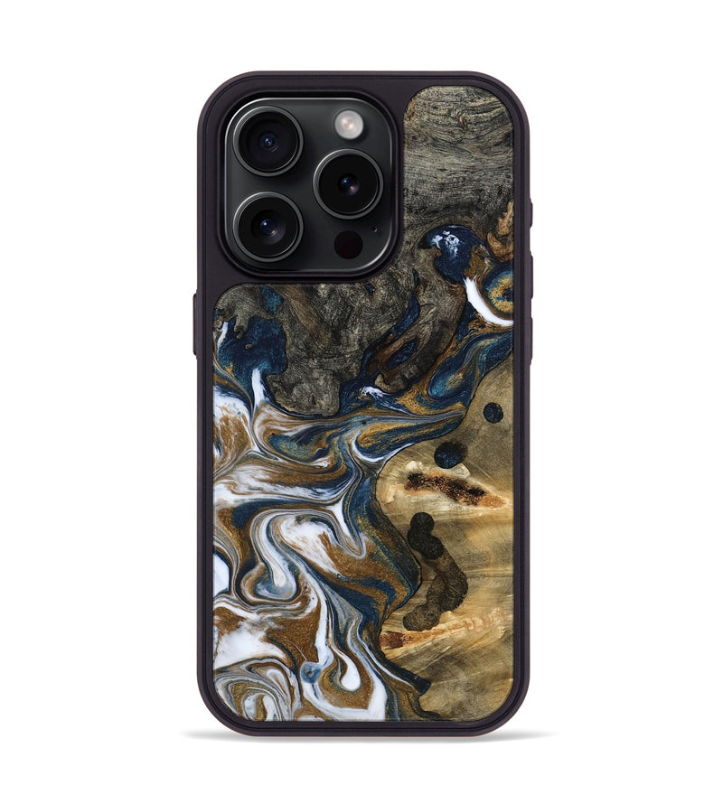 iPhone 15 Pro Wood Phone Case - August (Teal & Gold, 800424)