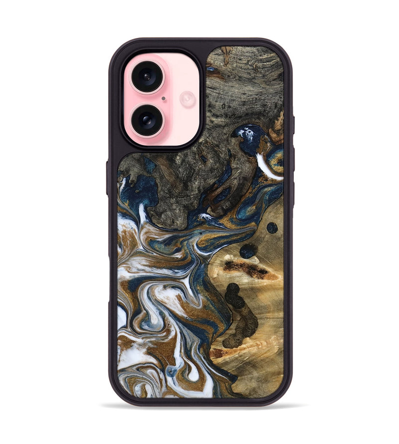 iPhone 16 Wood Phone Case - August (Teal & Gold, 800424)