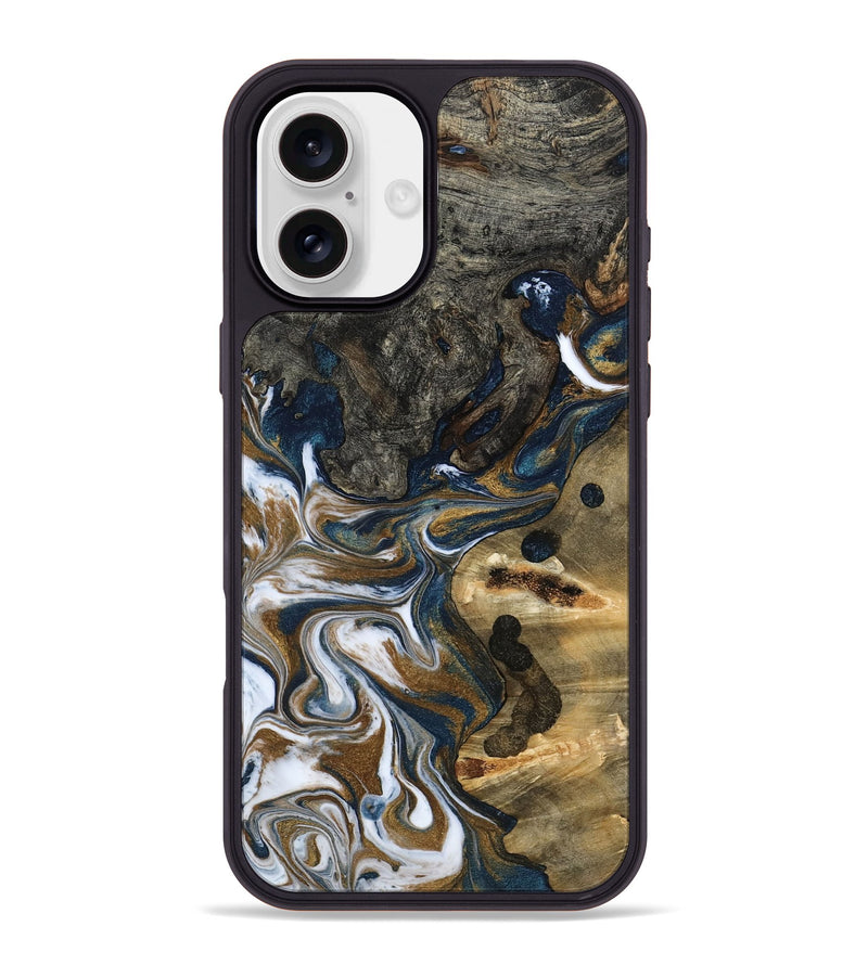 iPhone 16 Plus Wood Phone Case - August (Teal & Gold, 800424)