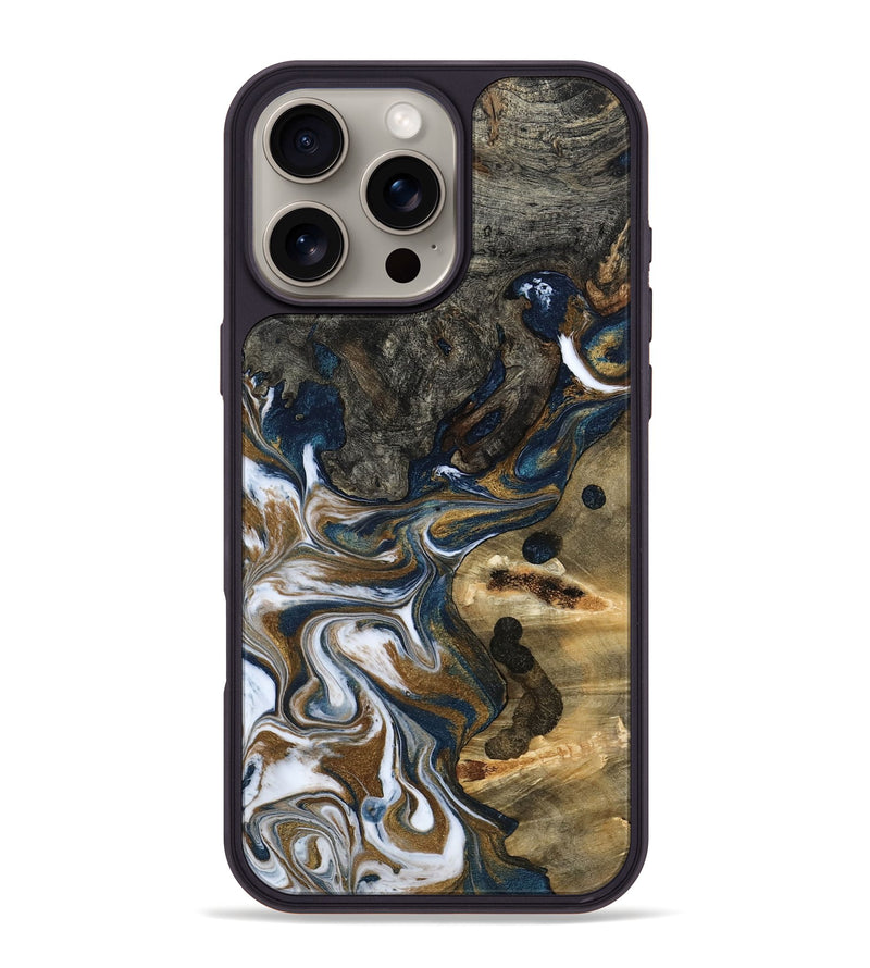 iPhone 16 Pro Max Wood Phone Case - August (Teal & Gold, 800424)