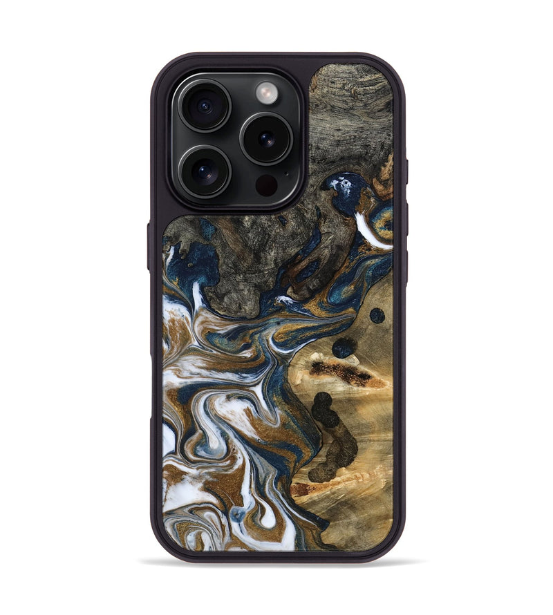 iPhone 16 Pro Wood Phone Case - August (Teal & Gold, 800424)
