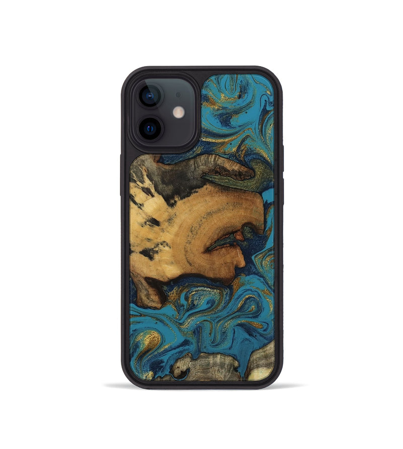 iPhone 12 mini Wood Phone Case - Scarlet (Teal & Gold, 800425)