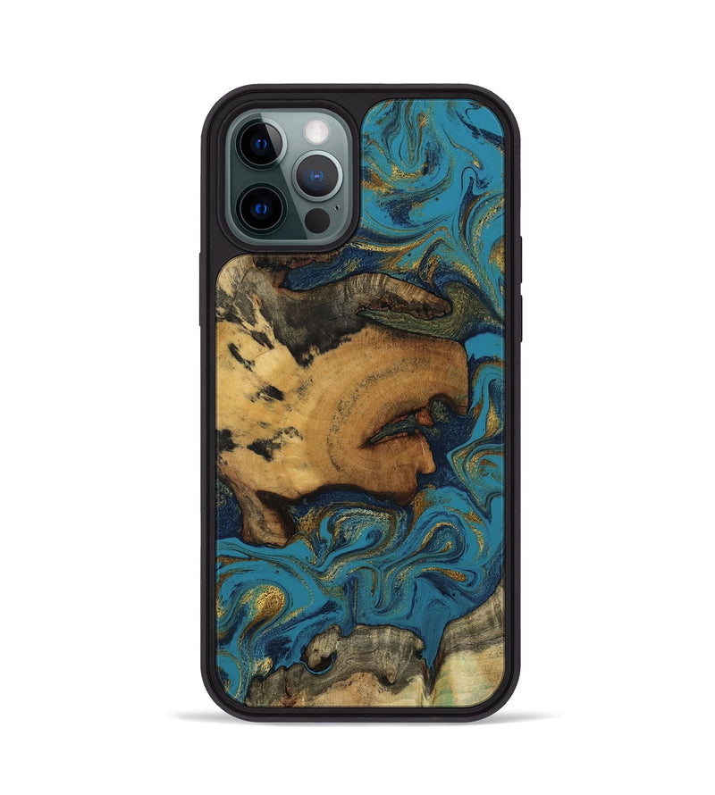 iPhone 12 Pro Wood Phone Case - Scarlet (Teal & Gold, 800425)
