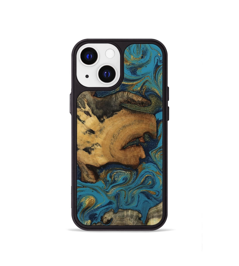 iPhone 13 mini Wood Phone Case - Scarlet (Teal & Gold, 800425)