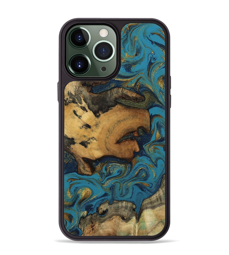 iPhone 13 Pro Max Wood Phone Case - Scarlet (Teal & Gold, 800425)