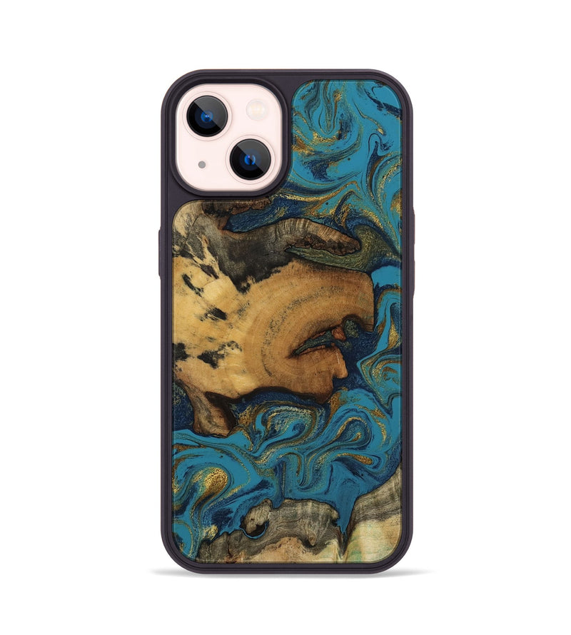 iPhone 14 Wood Phone Case - Scarlet (Teal & Gold, 800425)