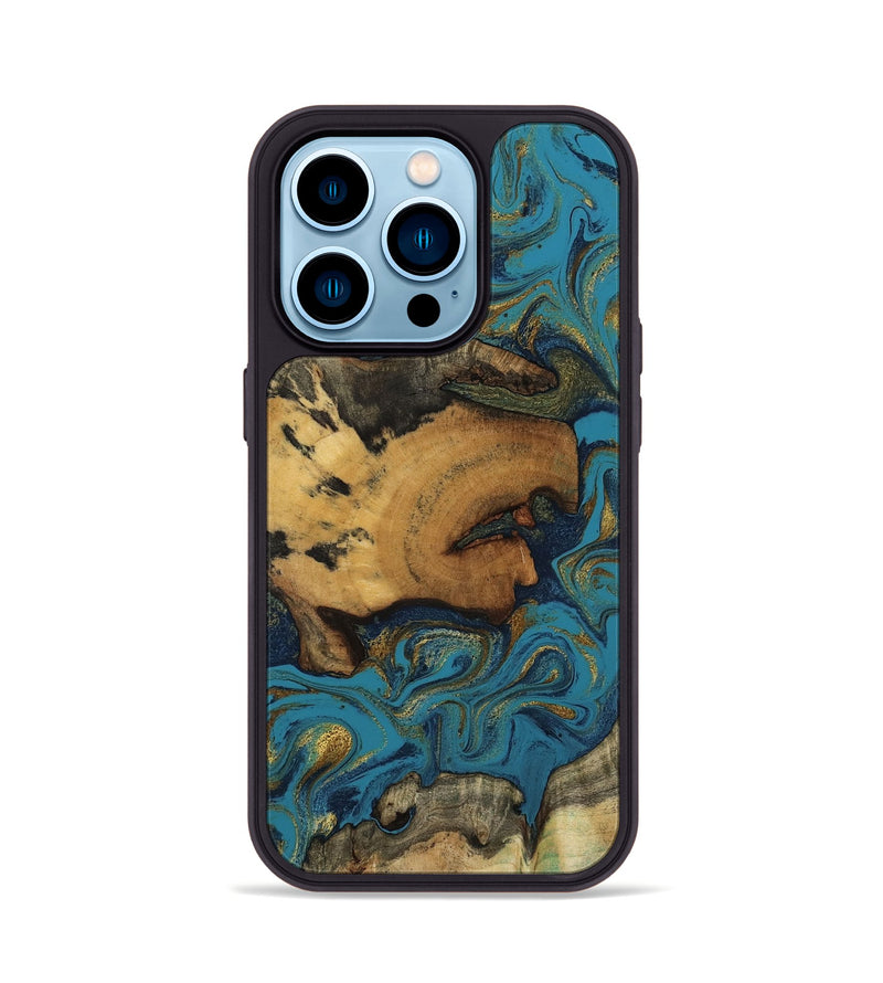iPhone 14 Pro Wood Phone Case - Scarlet (Teal & Gold, 800425)