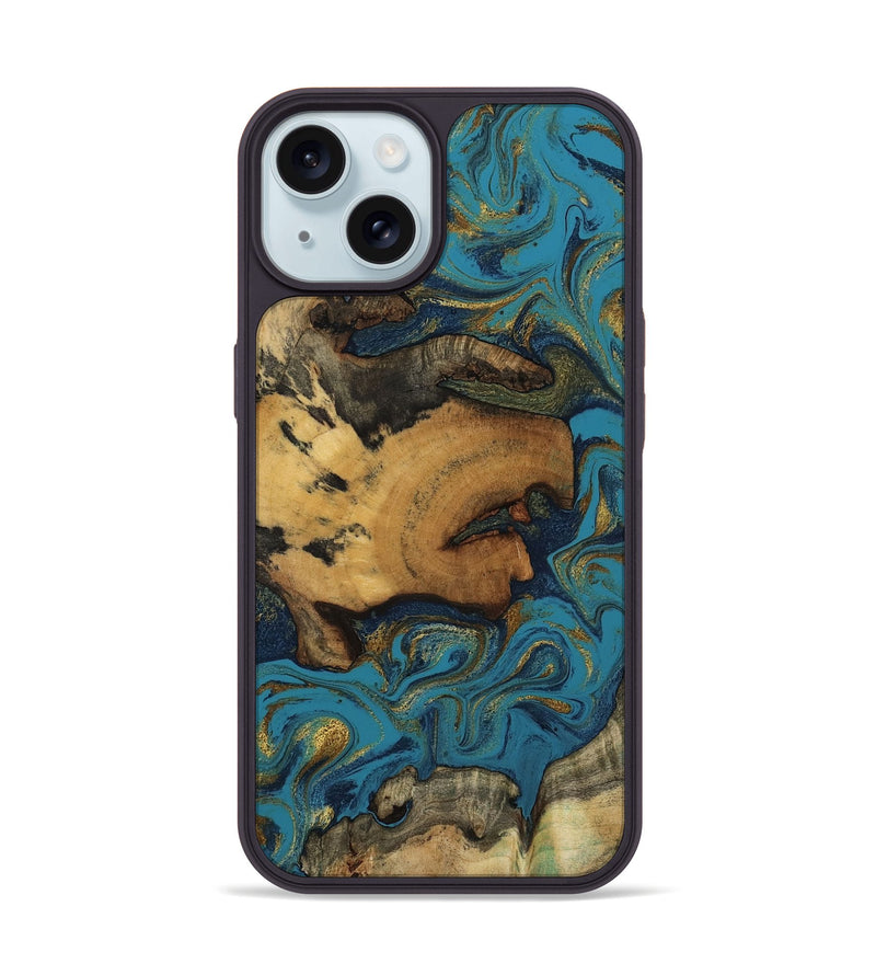 iPhone 15 Wood Phone Case - Scarlet (Teal & Gold, 800425)
