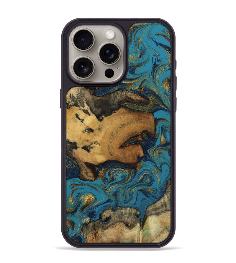iPhone 15 Pro Max Wood Phone Case - Scarlet (Teal & Gold, 800425)