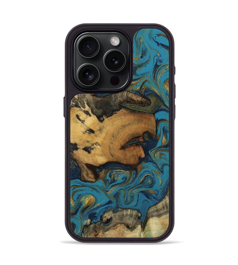 iPhone 15 Pro Wood Phone Case - Scarlet (Teal & Gold, 800425)