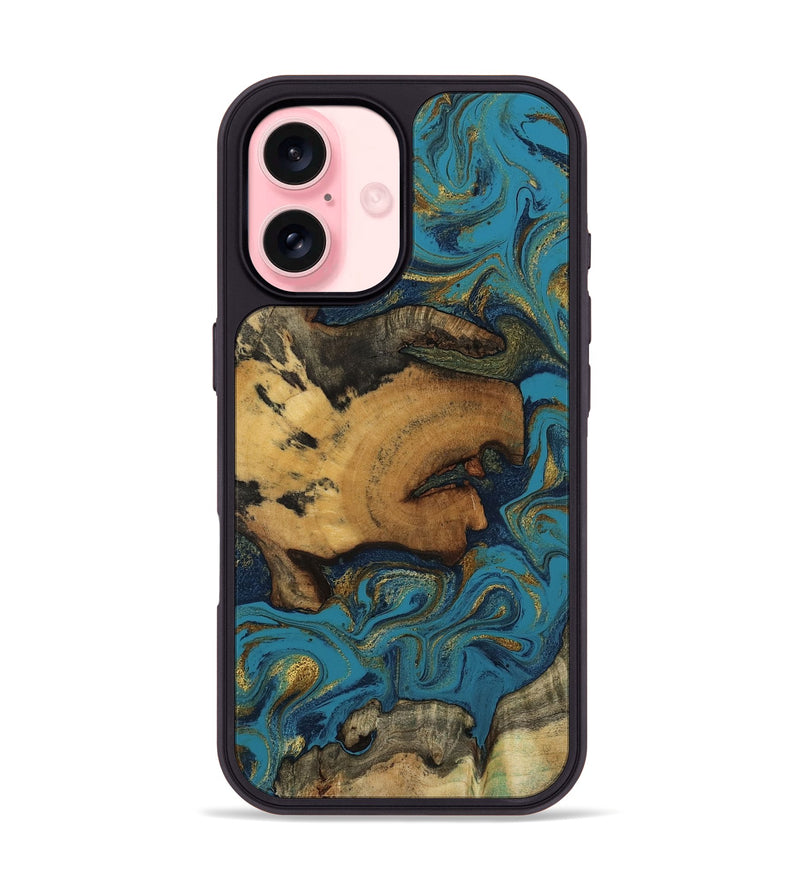 iPhone 16 Wood Phone Case - Scarlet (Teal & Gold, 800425)
