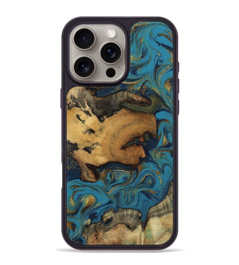 iPhone 16 Pro Max Wood Phone Case - Scarlet (Teal & Gold, 800425)