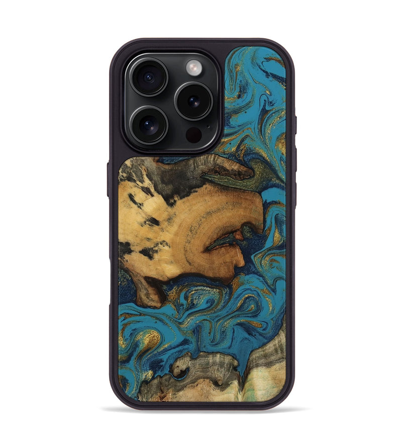 iPhone 16 Pro Wood Phone Case - Scarlet (Teal & Gold, 800425)