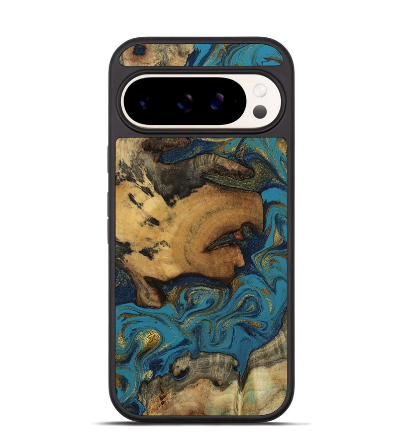 Pixel 9 Pro Wood Phone Case - Scarlet (Teal & Gold, 800425)