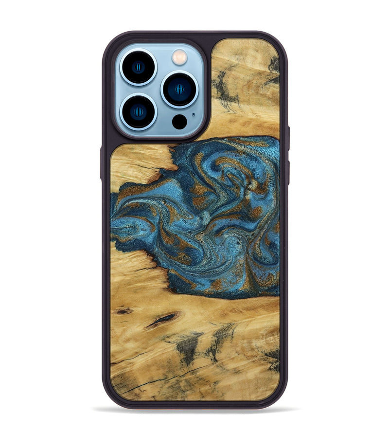 iPhone 14 Pro Max Wood Phone Case - Jodie (Teal & Gold, 800426)