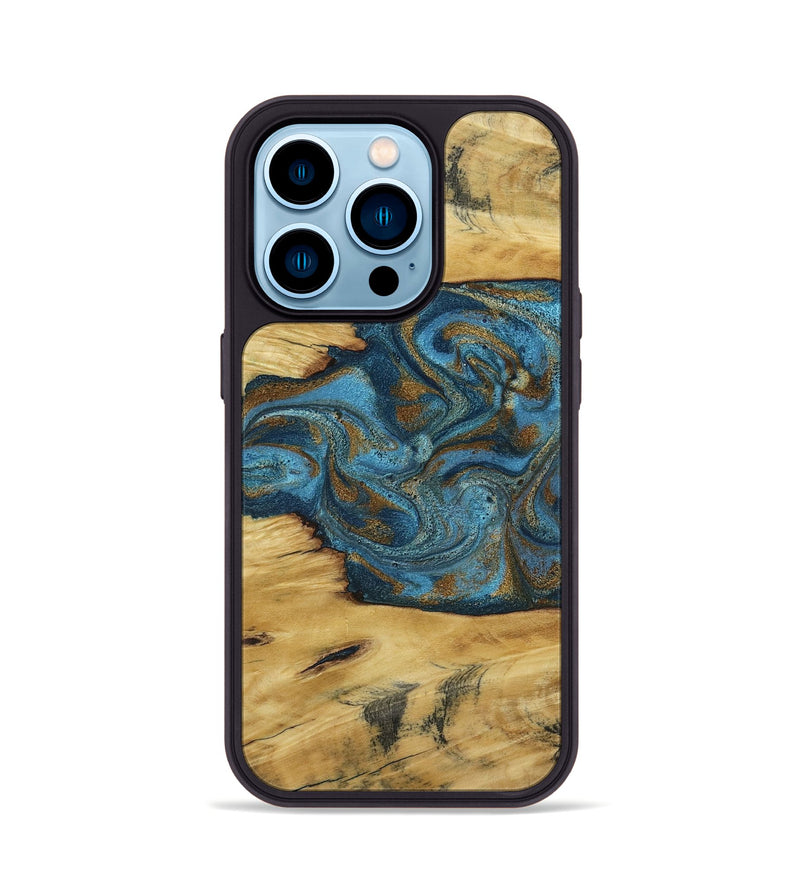 iPhone 14 Pro Wood Phone Case - Jodie (Teal & Gold, 800426)