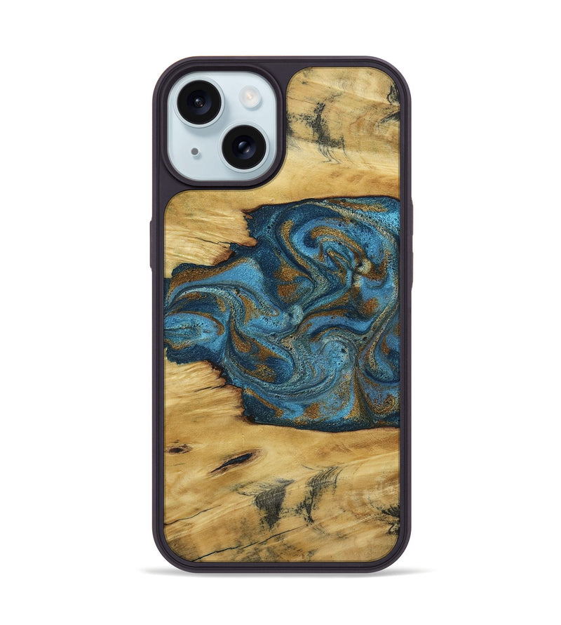 iPhone 15 Wood Phone Case - Jodie (Teal & Gold, 800426)