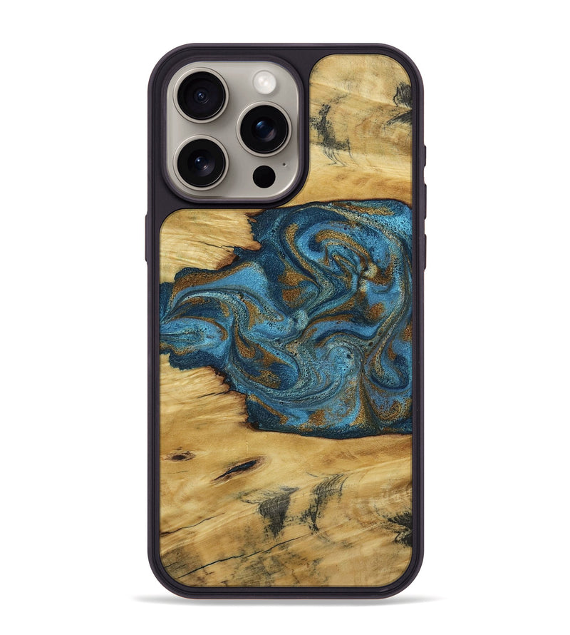 iPhone 15 Pro Max Wood Phone Case - Jodie (Teal & Gold, 800426)