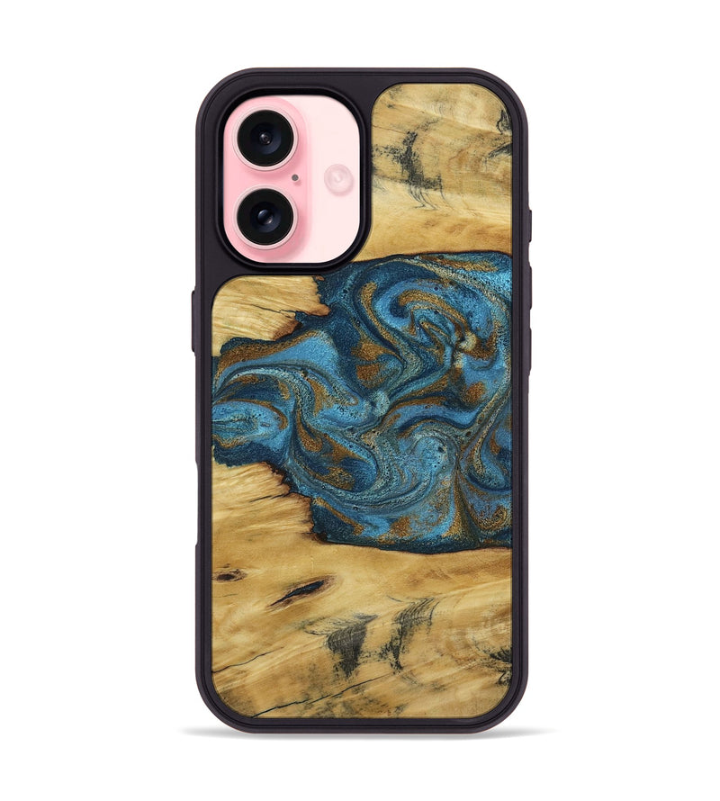 iPhone 16 Wood Phone Case - Jodie (Teal & Gold, 800426)