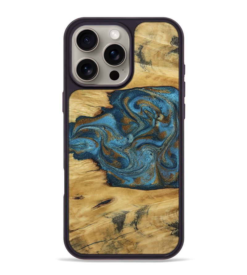 iPhone 16 Pro Max Wood Phone Case - Jodie (Teal & Gold, 800426)