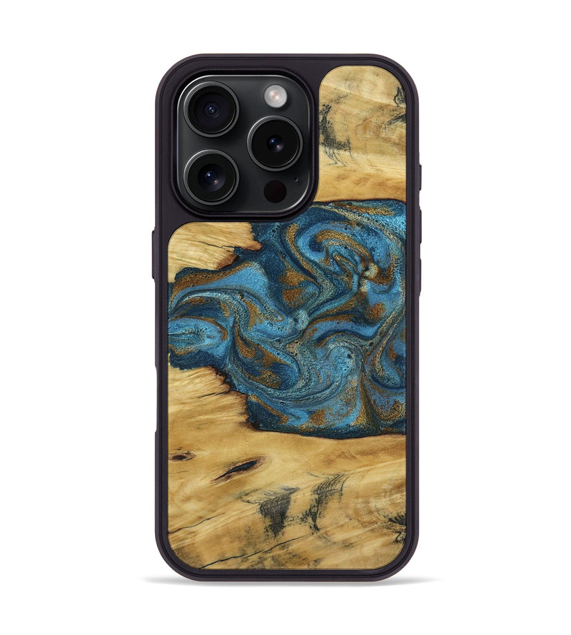 iPhone 16 Pro Wood Phone Case - Jodie (Teal & Gold, 800426)