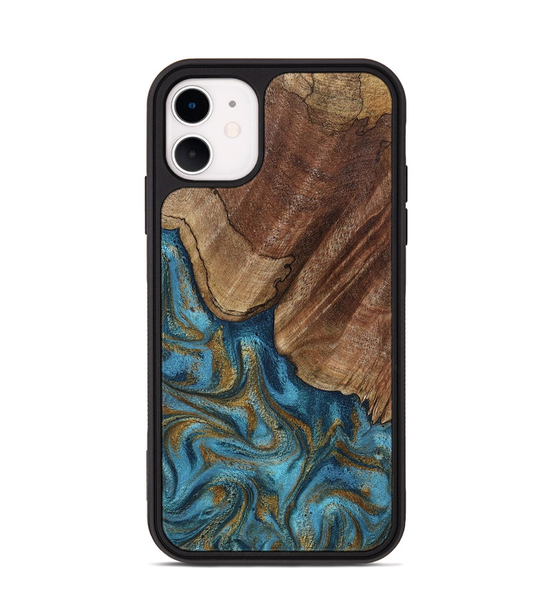 iPhone 11 Wood Phone Case - Coy (Teal & Gold, 800427)
