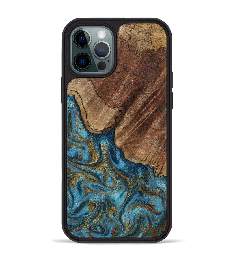 iPhone 12 Pro Max Wood Phone Case - Coy (Teal & Gold, 800427)