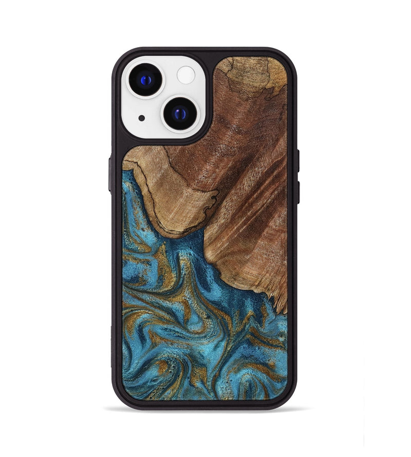 iPhone 13 Wood Phone Case - Coy (Teal & Gold, 800427)