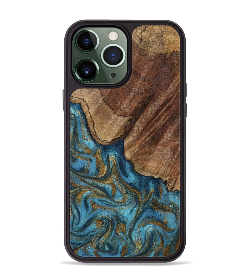 iPhone 13 Pro Max Wood Phone Case - Coy (Teal & Gold, 800427)