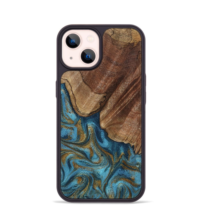 iPhone 14 Wood Phone Case - Coy (Teal & Gold, 800427)