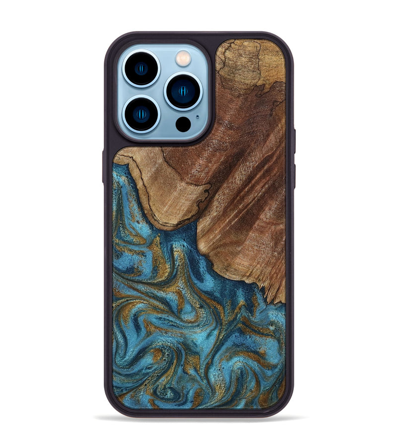 iPhone 14 Pro Max Wood Phone Case - Coy (Teal & Gold, 800427)