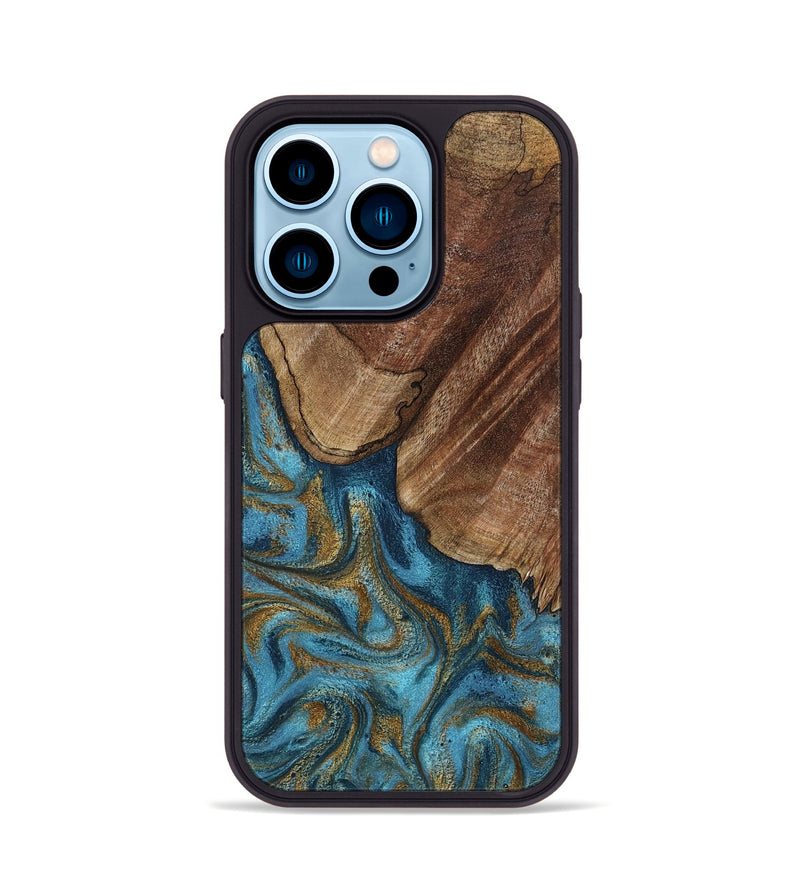 iPhone 14 Pro Wood Phone Case - Coy (Teal & Gold, 800427)