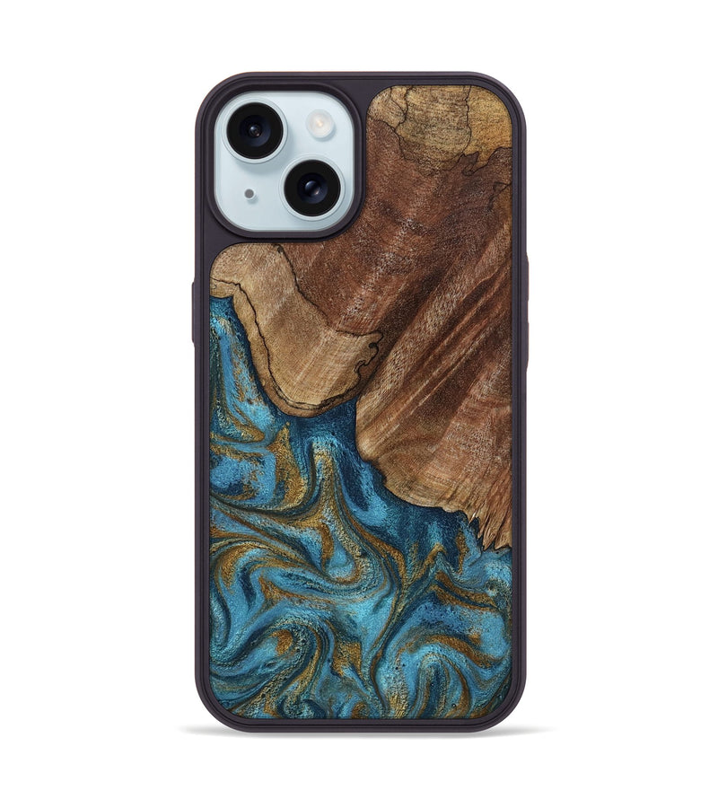 iPhone 15 Wood Phone Case - Coy (Teal & Gold, 800427)