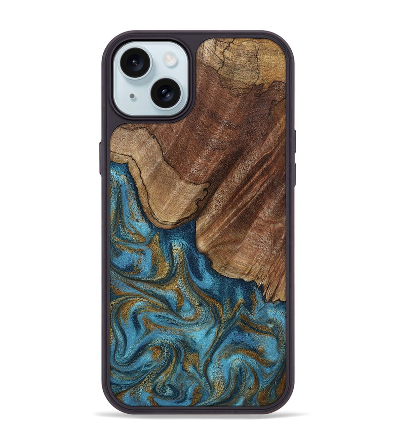 iPhone 15 Plus Wood Phone Case - Coy (Teal & Gold, 800427)
