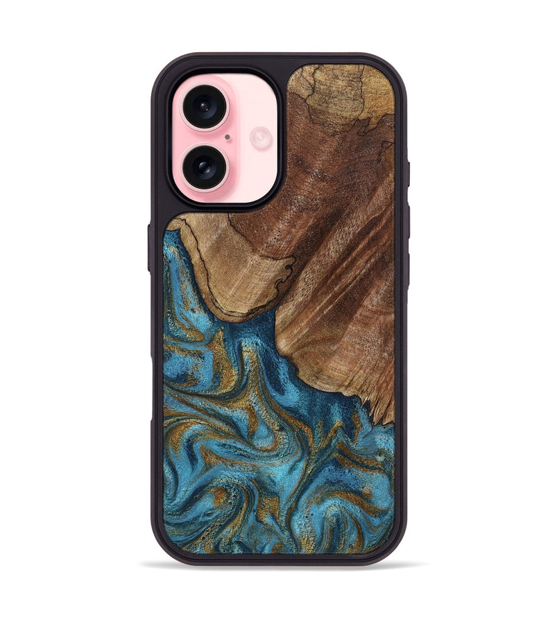 iPhone 16 Wood Phone Case - Coy (Teal & Gold, 800427)