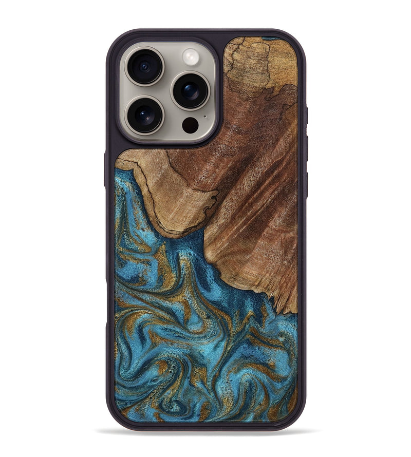 iPhone 16 Pro Max Wood Phone Case - Coy (Teal & Gold, 800427)