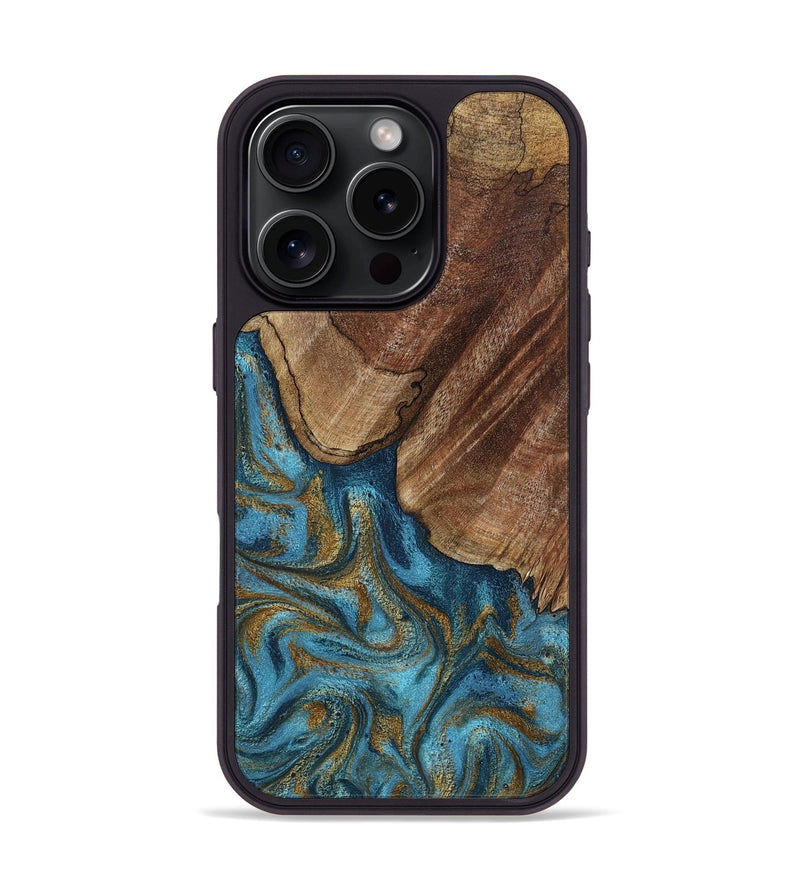 iPhone 16 Pro Wood Phone Case - Coy (Teal & Gold, 800427)