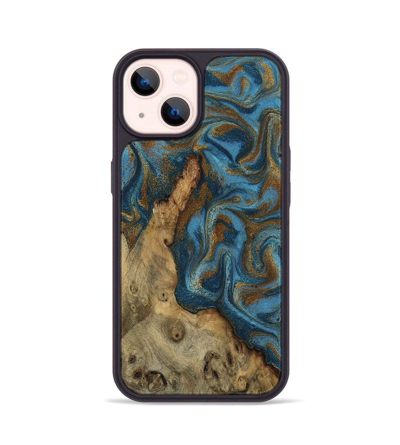 iPhone 14 Wood Phone Case - Adan (Teal & Gold, 800429)