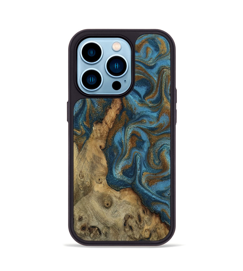 iPhone 14 Pro Wood Phone Case - Adan (Teal & Gold, 800429)