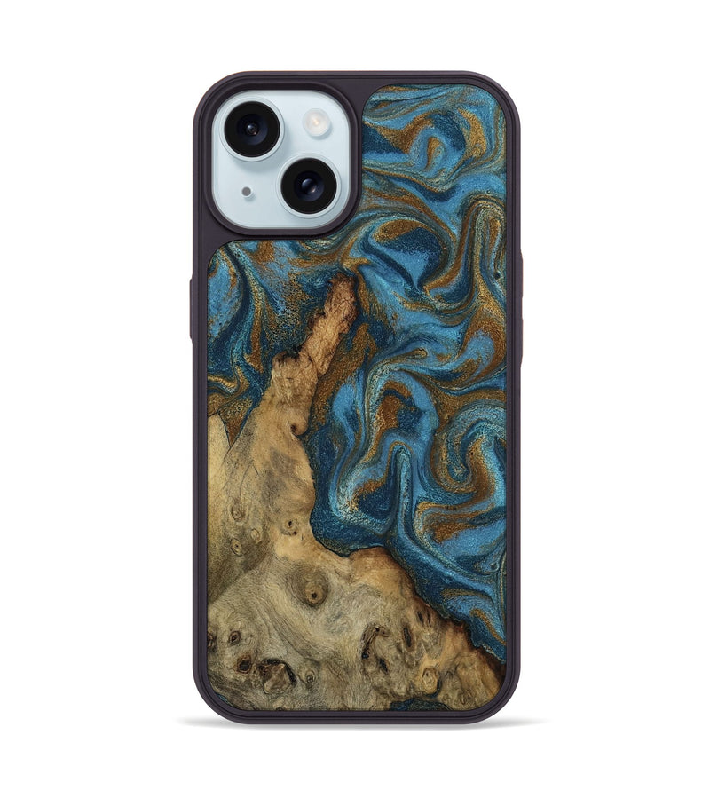 iPhone 15 Wood Phone Case - Adan (Teal & Gold, 800429)