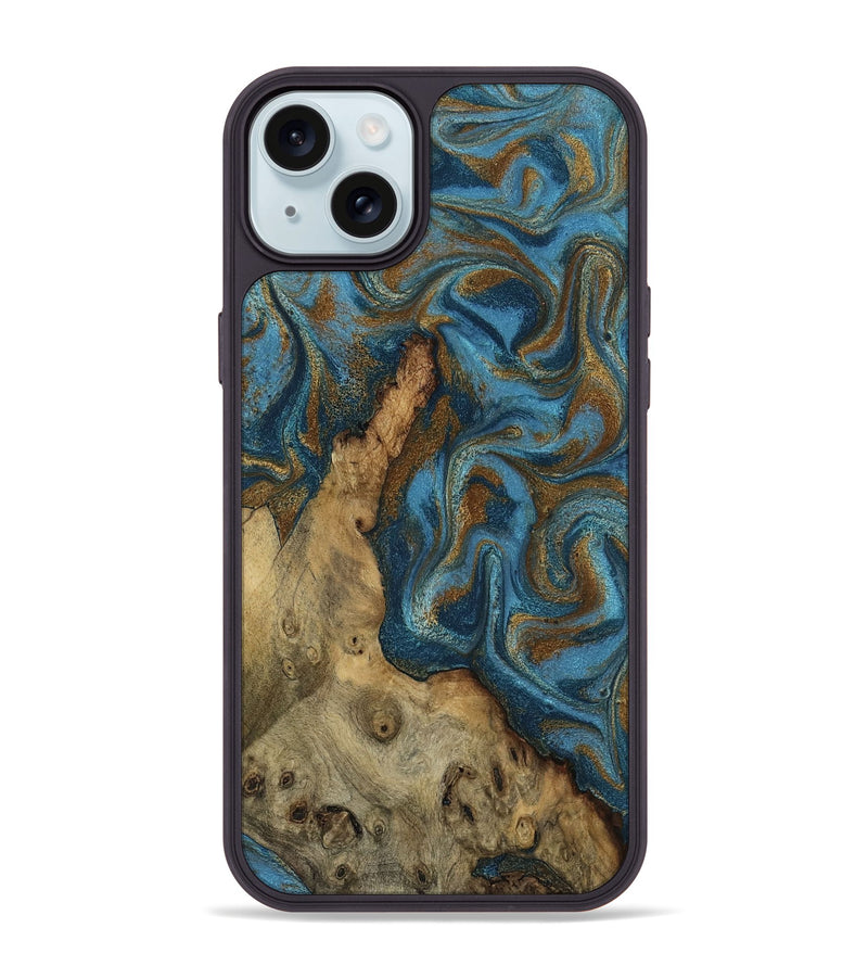 iPhone 15 Plus Wood Phone Case - Adan (Teal & Gold, 800429)