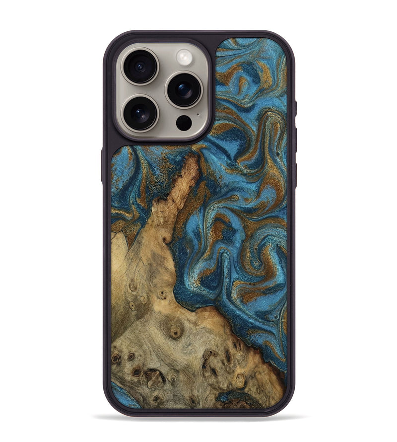 iPhone 15 Pro Max Wood Phone Case - Adan (Teal & Gold, 800429)