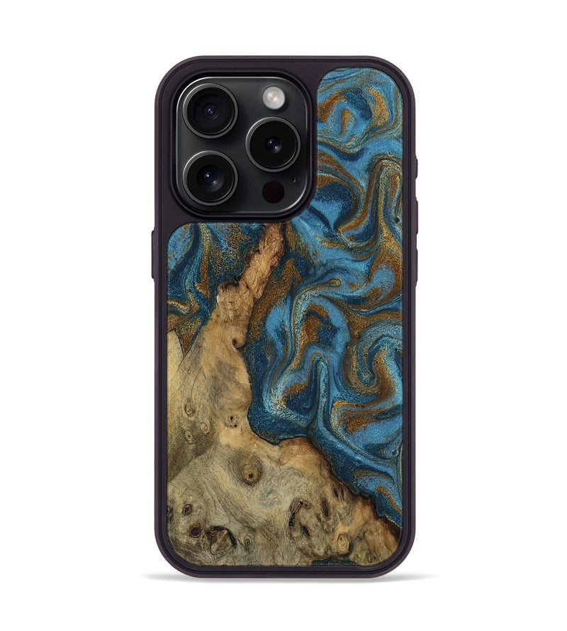 iPhone 15 Pro Wood Phone Case - Adan (Teal & Gold, 800429)