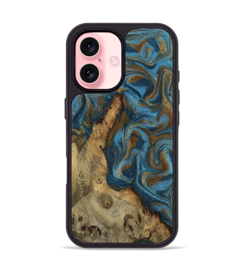 iPhone 16 Wood Phone Case - Adan (Teal & Gold, 800429)