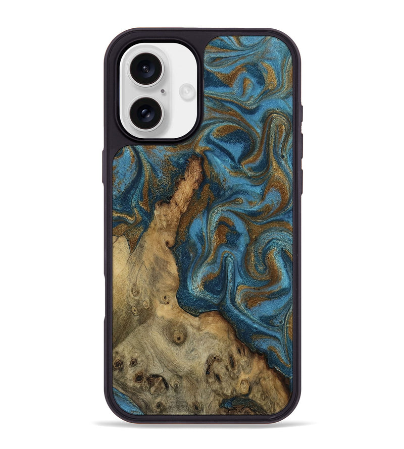 iPhone 16 Plus Wood Phone Case - Adan (Teal & Gold, 800429)
