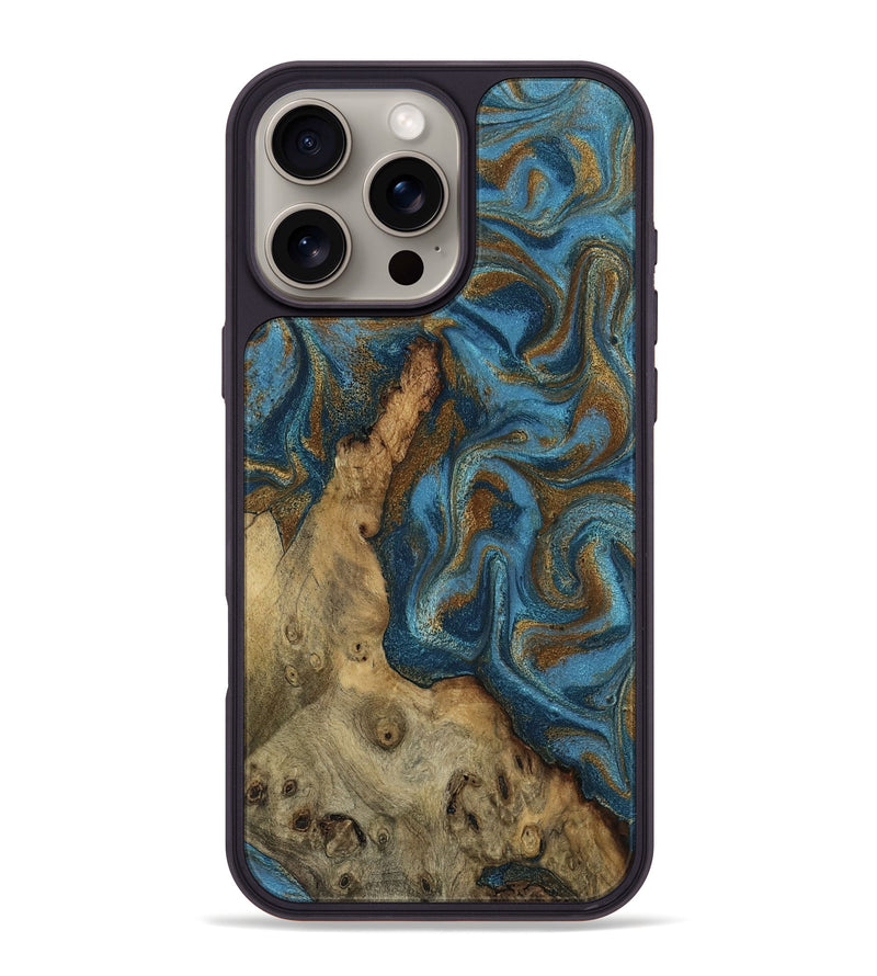 iPhone 16 Pro Max Wood Phone Case - Adan (Teal & Gold, 800429)